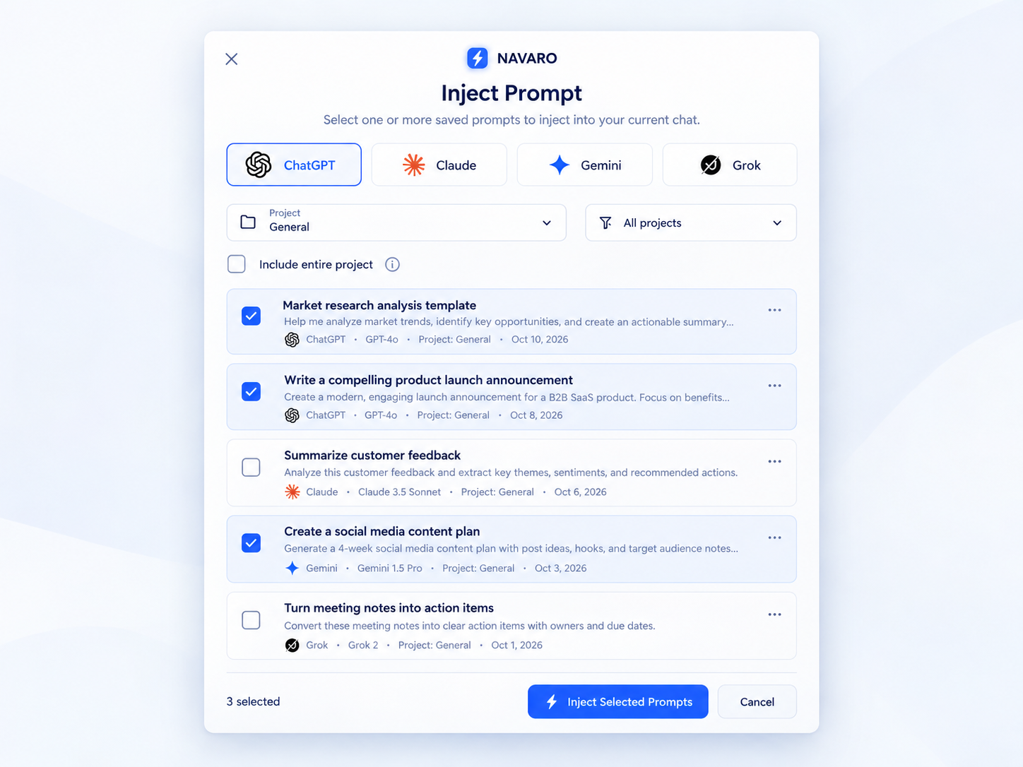 Navaro AI Inject Prompt interface showing saved prompts and supported AI platforms